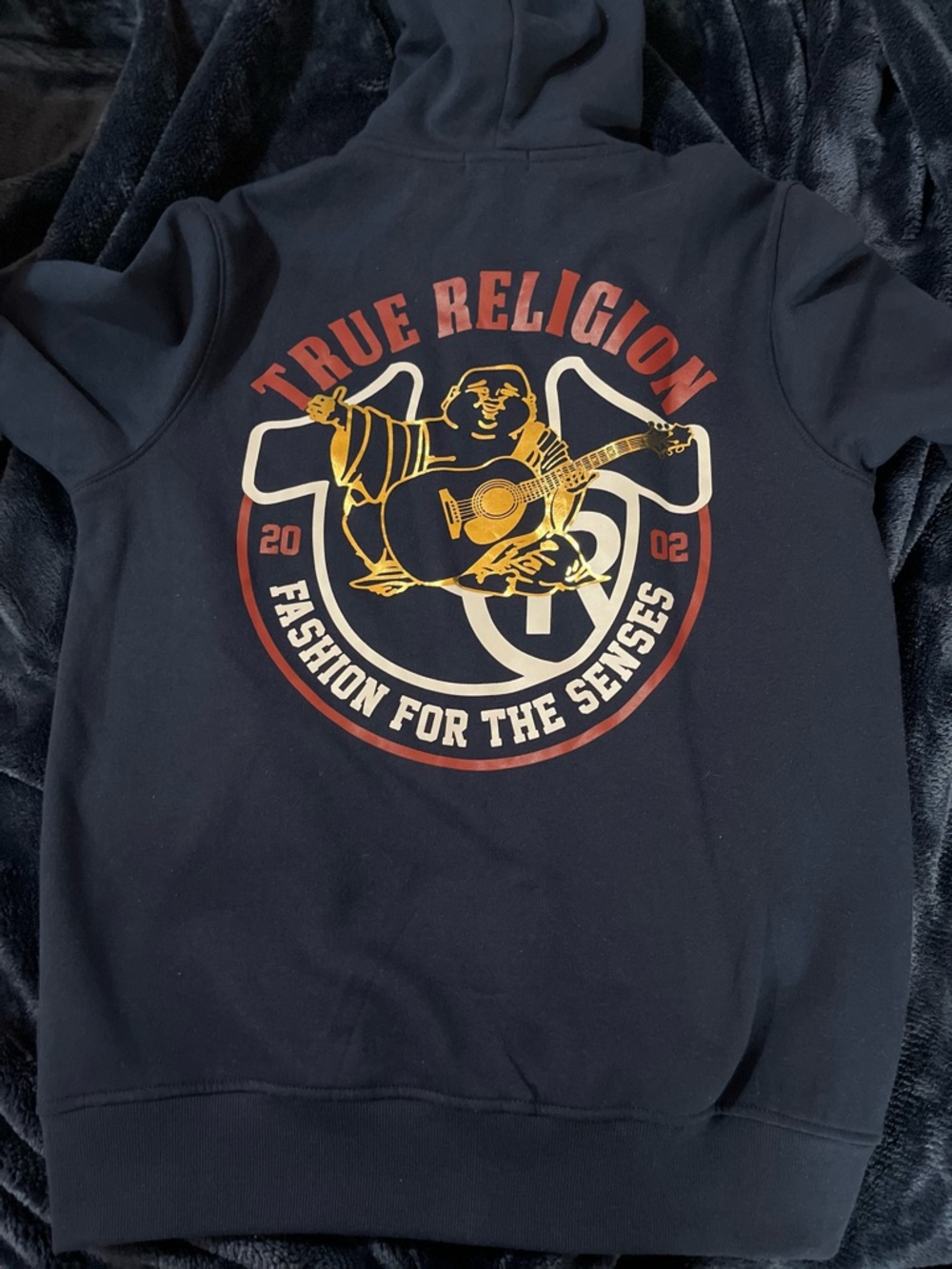 True Religion Navy Pullover Hoodie with Red, Gold and White Back Graphic